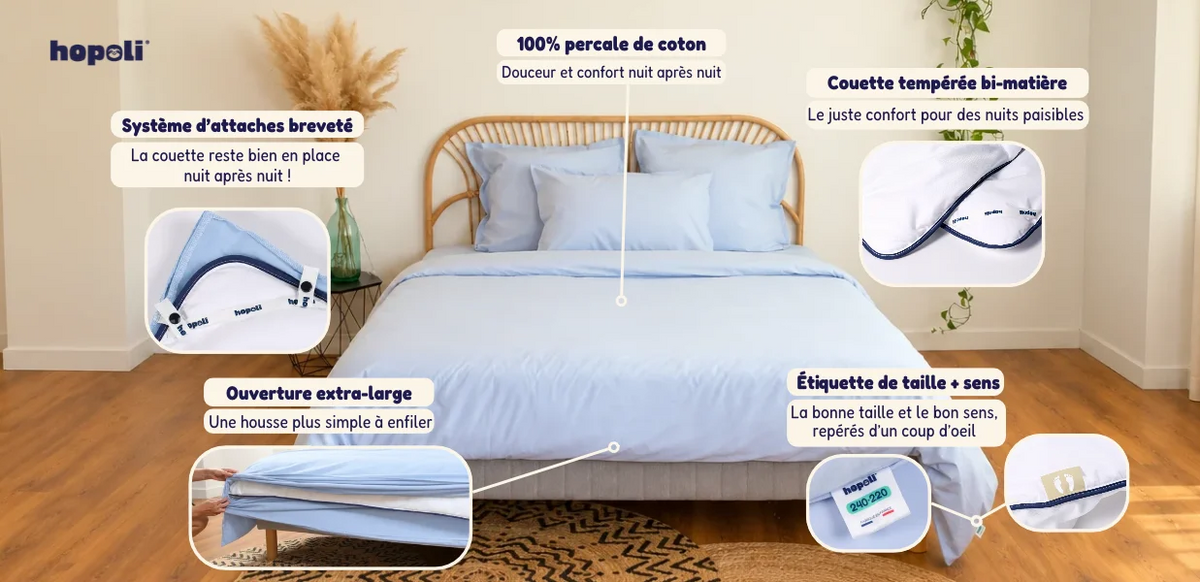 Duo Hopoli : système breveté, percale de coton 80 fils/cm², fabrication française et ouverture extra-large.